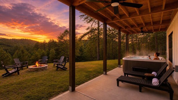 A covered outdoor area with a hot tub, lounge chairs, and a fire pit. - NEW Luxury Cabin | Hot Tub+Wet Bar+EV+Mtn Views (Mineral Bluff)