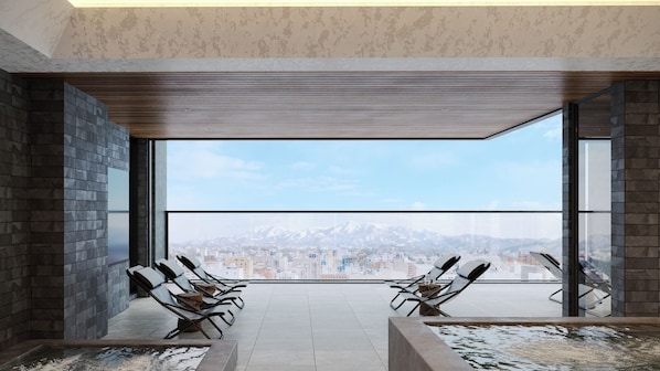 A modern interior with a large window offering a city view, a seating area with chairs, and a tiled floor. - FAV LUX Asahikawa (Asahikawa)
