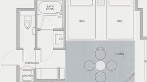 A floor plan with a living area, two bedrooms, a bathroom, and a washer. - FAV LUX Asahikawa (Asahikawa)