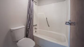 A bathroom with a toilet, shower, and bathtub.