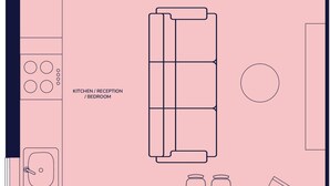 A floor plan of a hotel room with a kitchenette, a bathroom, a dining area, and a bedroom. - 9 Mins Walk to Selfridges, Marble Arch Studio (Greater London)