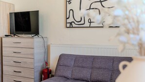 Una sala de estar con un sofá gris, un mueble de madera con cajones, un televisor encima y un radiador.