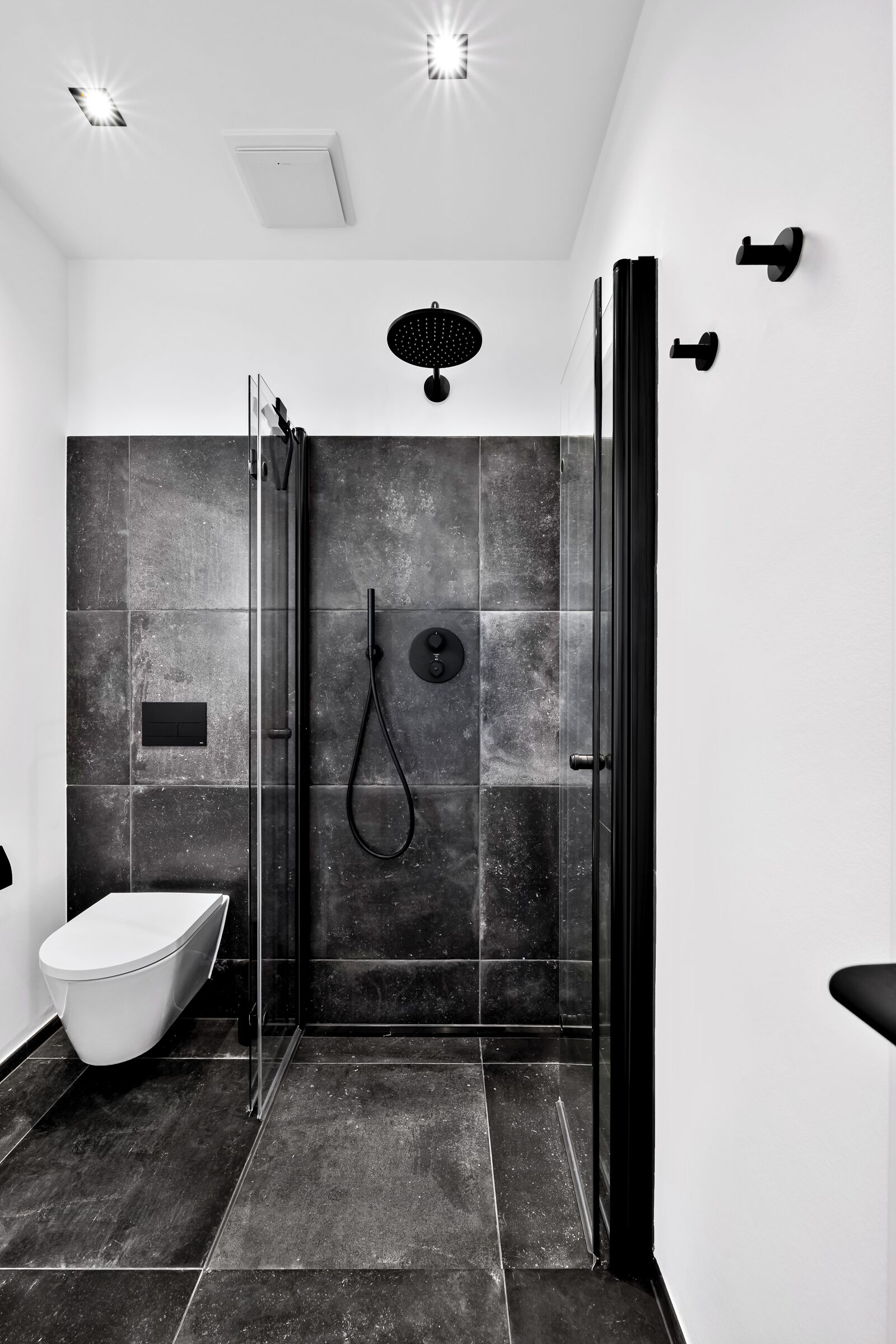A modern bathroom with a glass-enclosed shower, a toilet, and a sink.