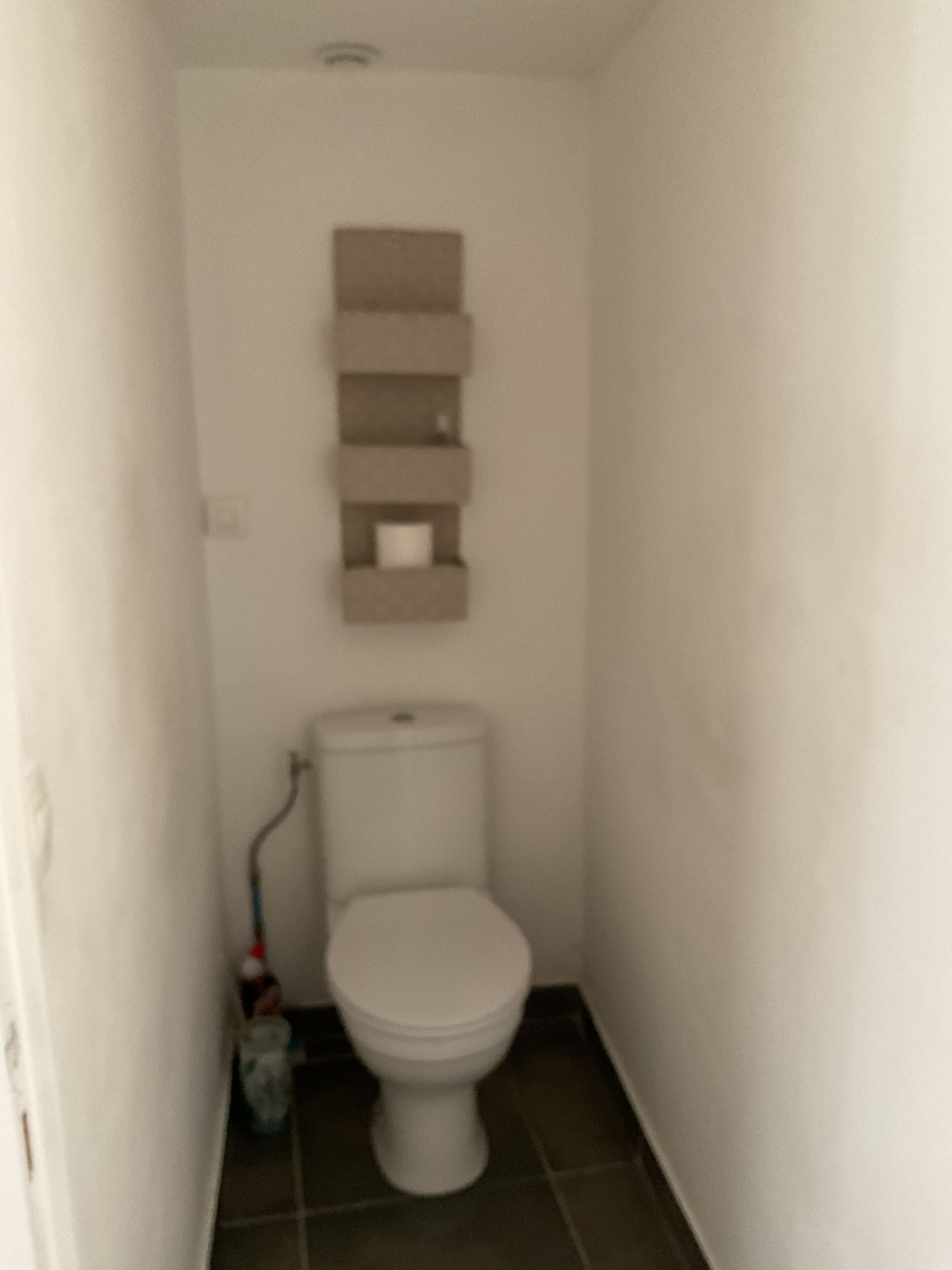 Une petite salle de bain avec des toilettes, une étagère au-dessus des toilettes et une serpillière sur le sol.