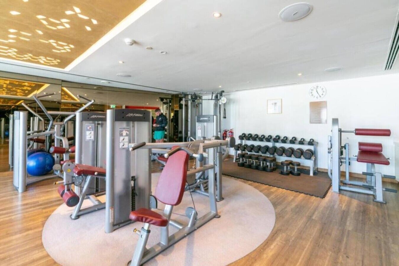 Un gimnasio con varios equipos de ejercicio, incluyendo una prensa de banca, mancuernas y una pelota medicinal.