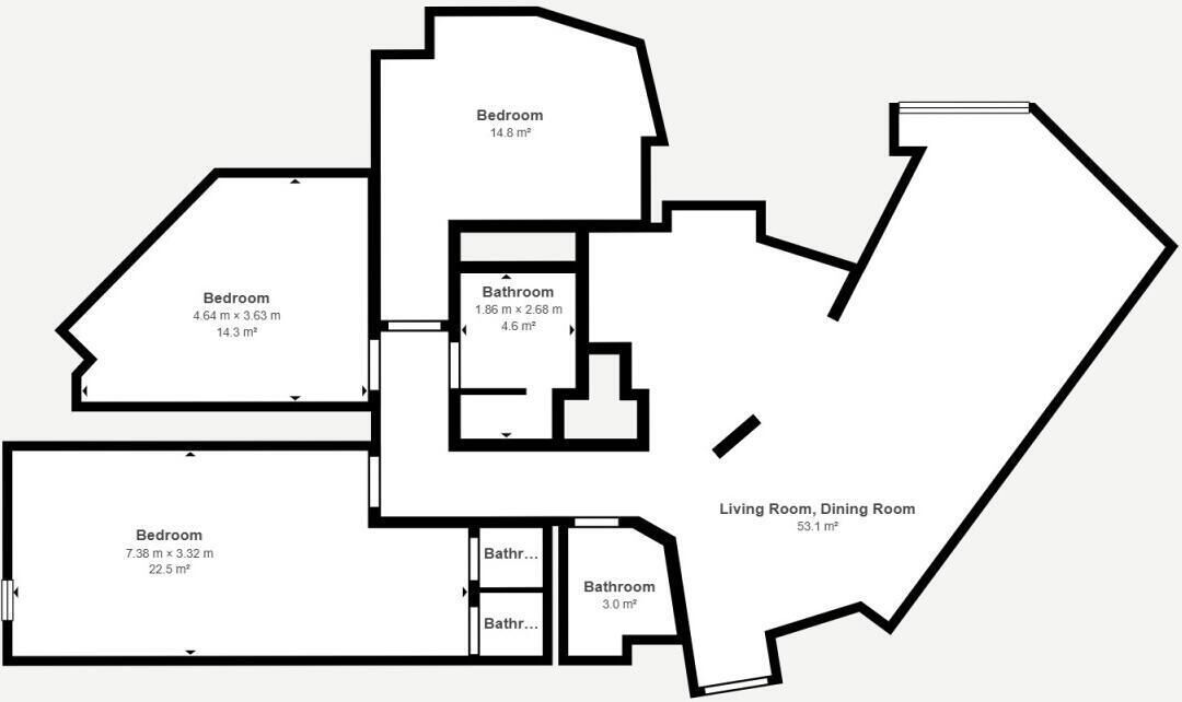 A floor plan with multiple bedrooms, bathrooms, and a living/dining room totaling 53.1 m².