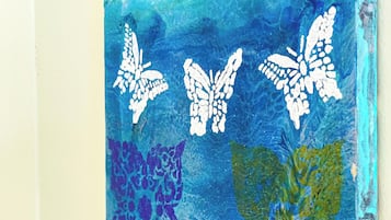 A painting with abstract patterns and shapes.