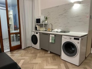 Un lavadero pequeño con dos lavadoras, un lavabo y un estante con una planta en maceta.