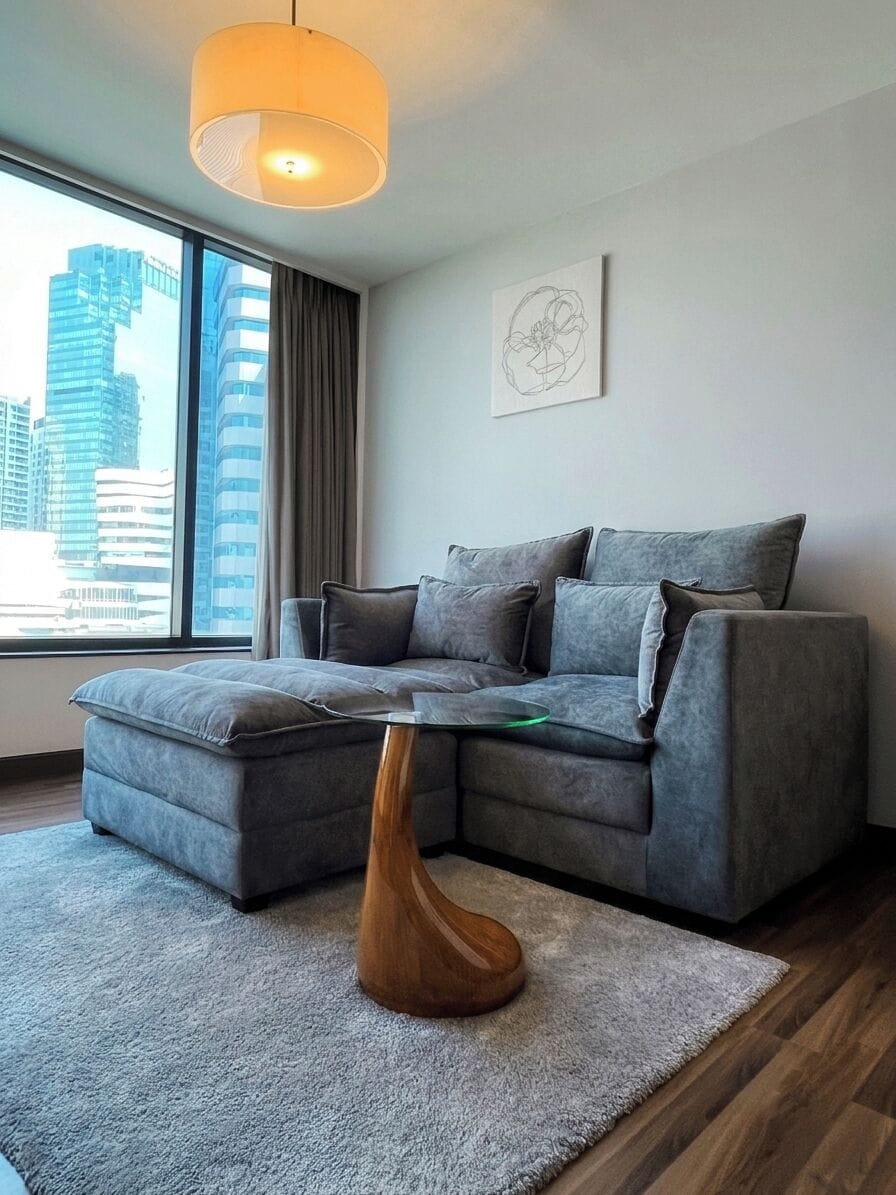 A modern living room with a grey sectional sofa, a wooden coffee table, and a city view through large windows.