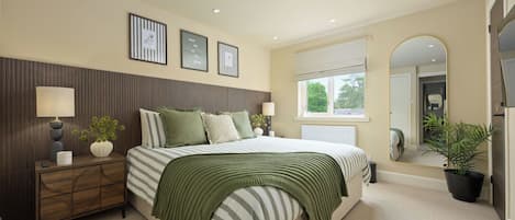 A bedroom with a bed, bedside tables, a mirror, and a window.