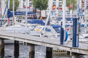 Een jachthaven met aangemeerde boten, een steiger en een gebouw met een bord waarop 'TIGER' staat.