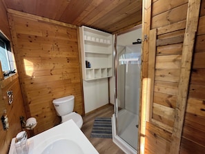Regadera, jabón, papel de baño
