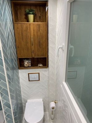 Hair dryer, towels, soap, toilet paper