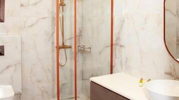 Shower, hair dryer, towels, shampoo