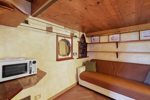 A cozy room with a wooden ceiling, a white sofa, a microwave, and framed pictures on the wall. - Romantic Studio 2 – Romantic Loft Near the City Center (Rome)