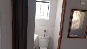 Une petite salle de bain étroite, avec des toilettes, une fenêtre et un miroir au mur.