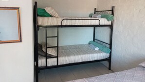 Un lit superposé avec une échelle, un tableau encadré accroché au mur et un mur uni.