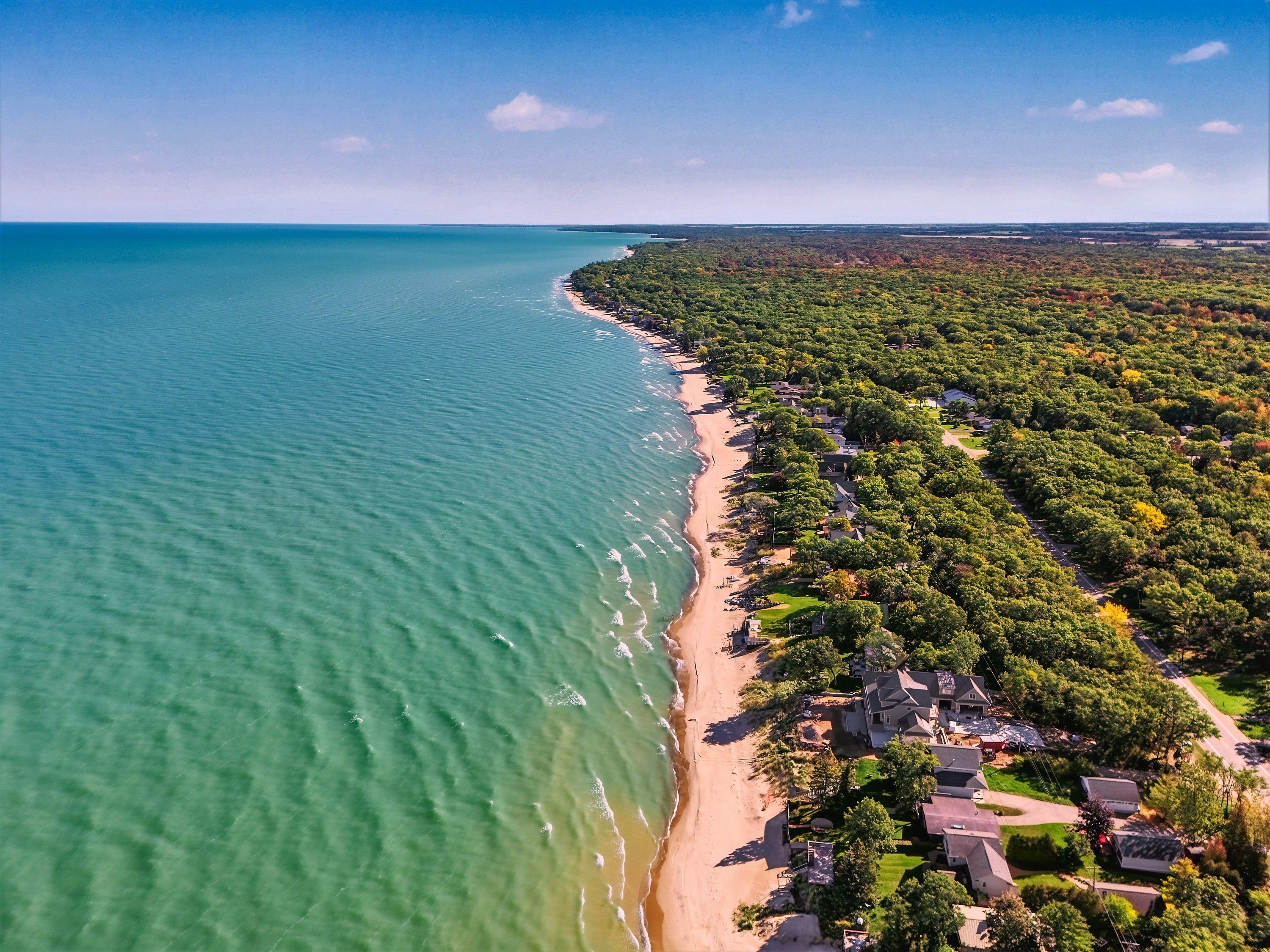 Vista aérea de uma área costeira com praia, vegetação densa e edifícios residenciais.