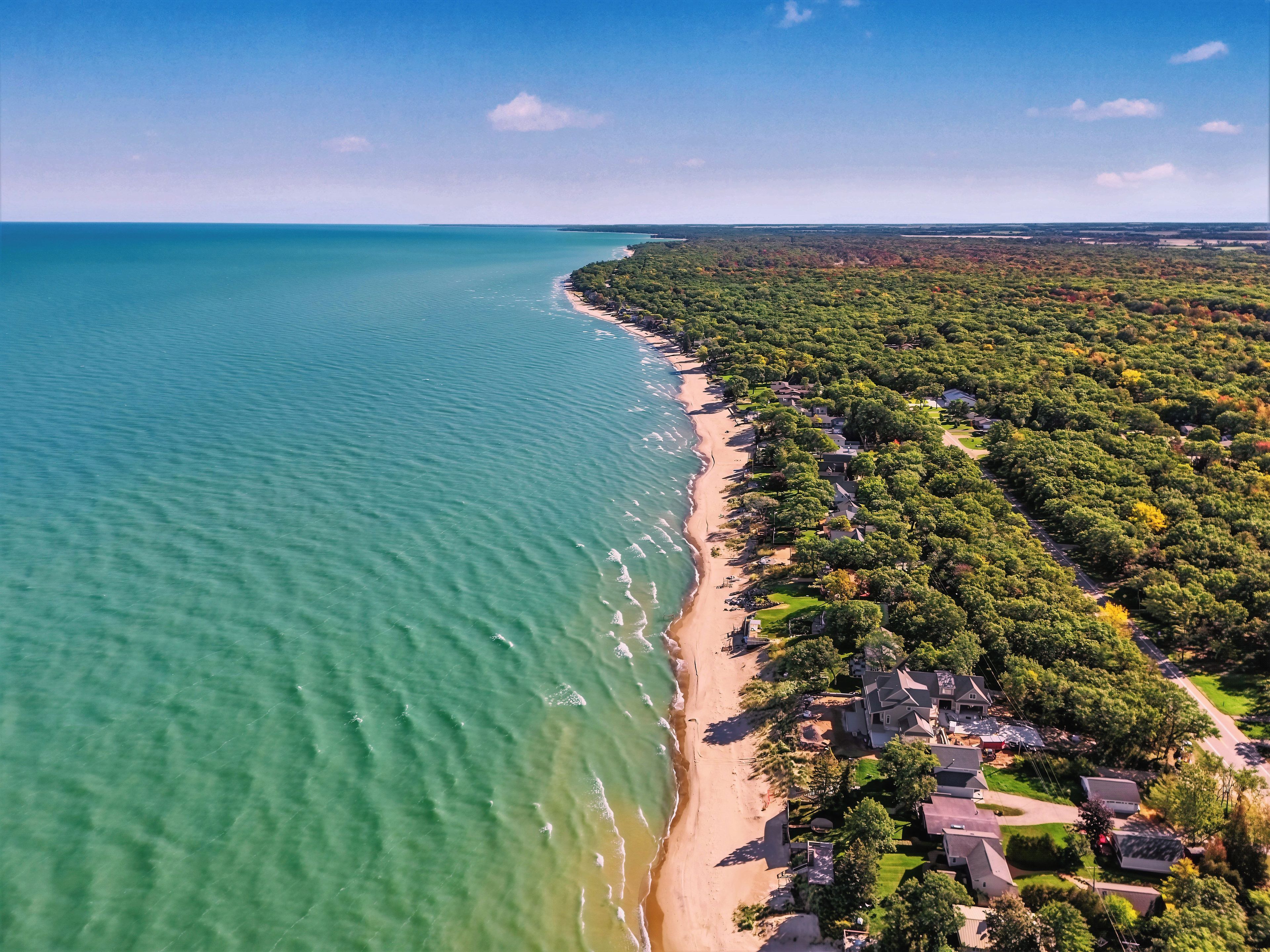 An aerial view of a coastal area with a beach, dense greenery, and residential buildings.