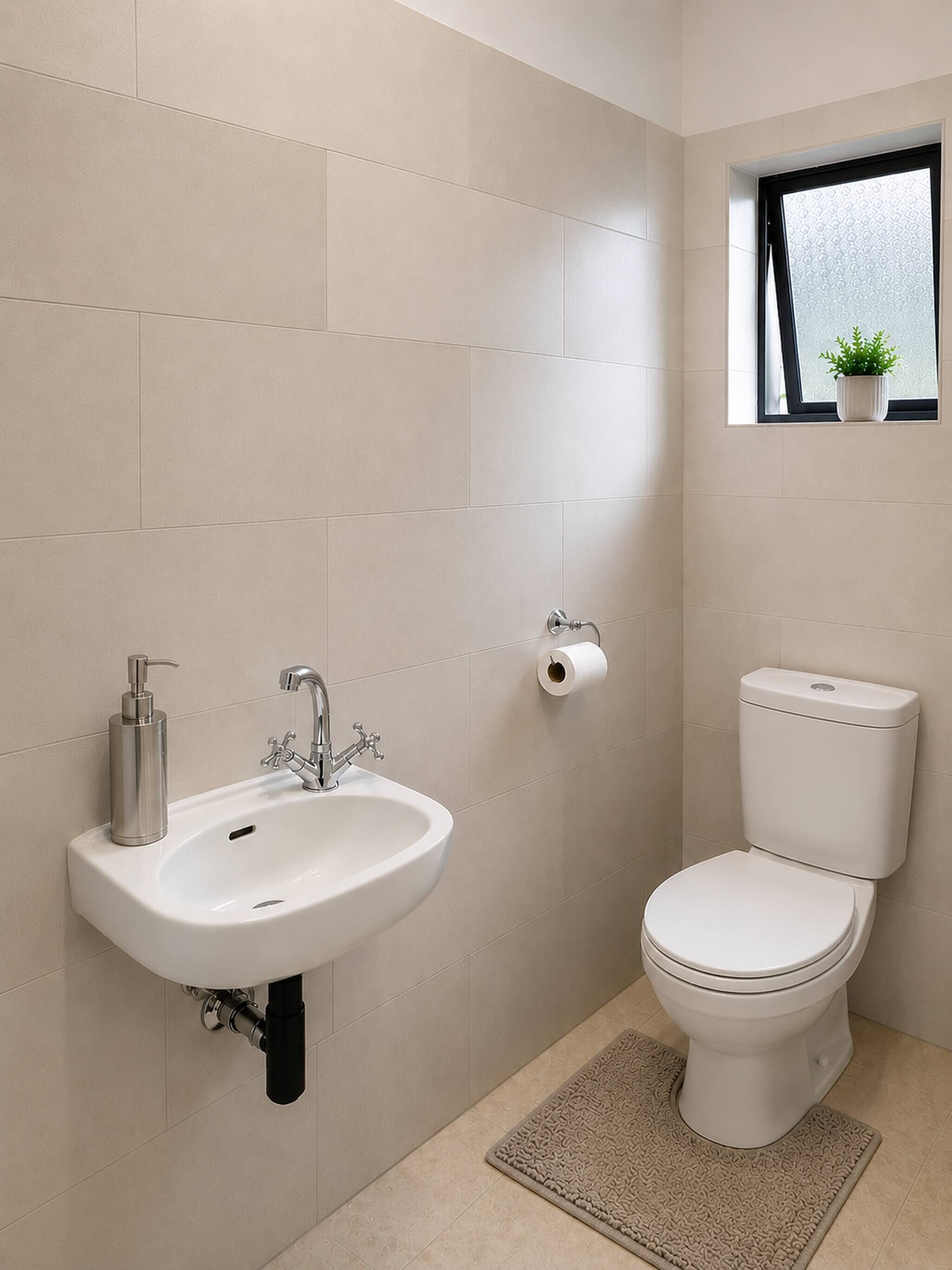 A bathroom with a sink, toilet, and a window with a plant.