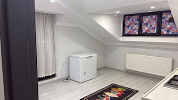 A compact room with a white radiator, a small white appliance, and a colorful rug.