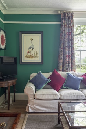 A living room with a green wall, a framed bird illustration, a television, a sofa with colorful cushions, and a patterned curtain.