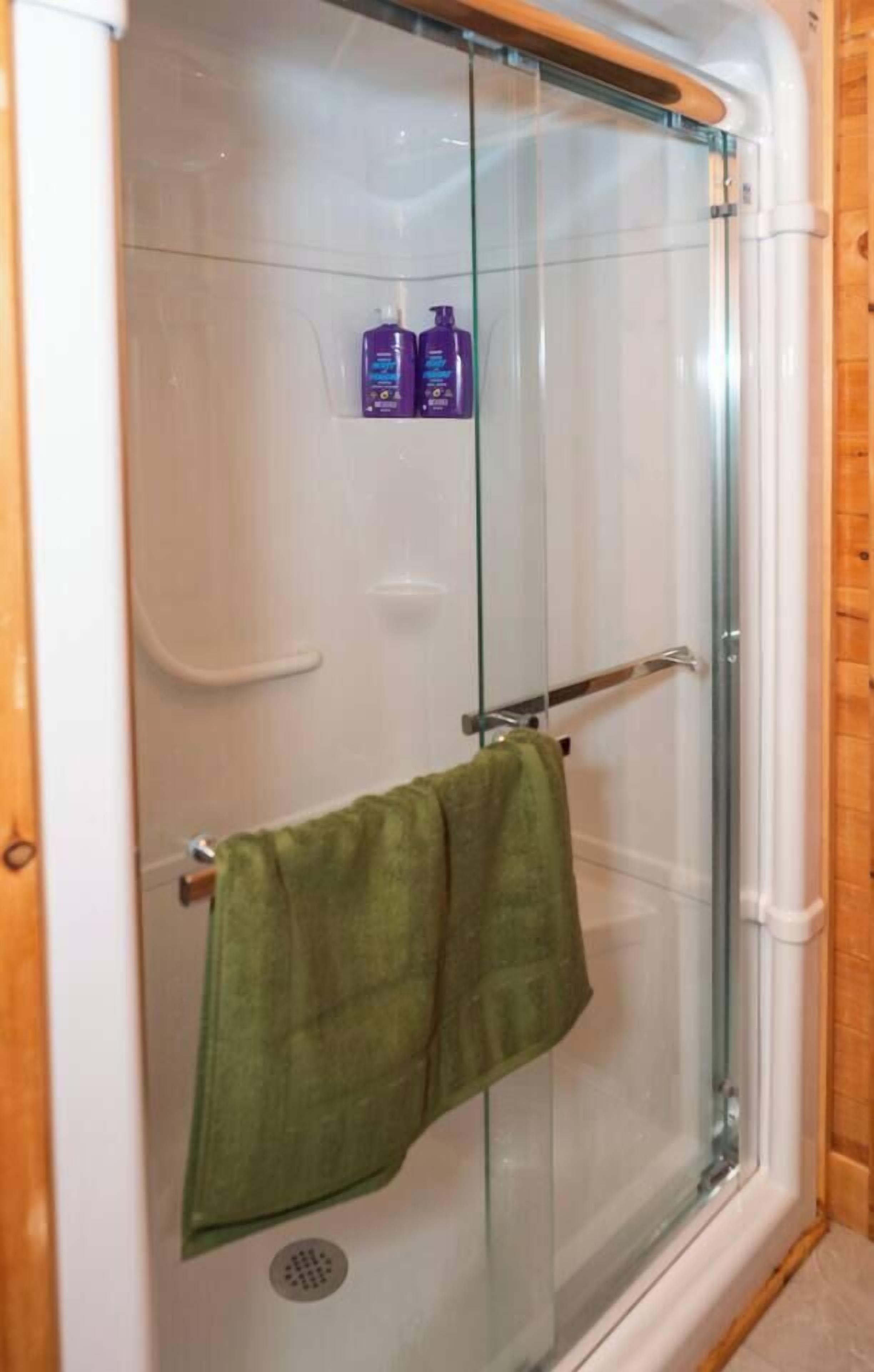 A glass-enclosed shower area with a towel rack and two bottles of shampoo.