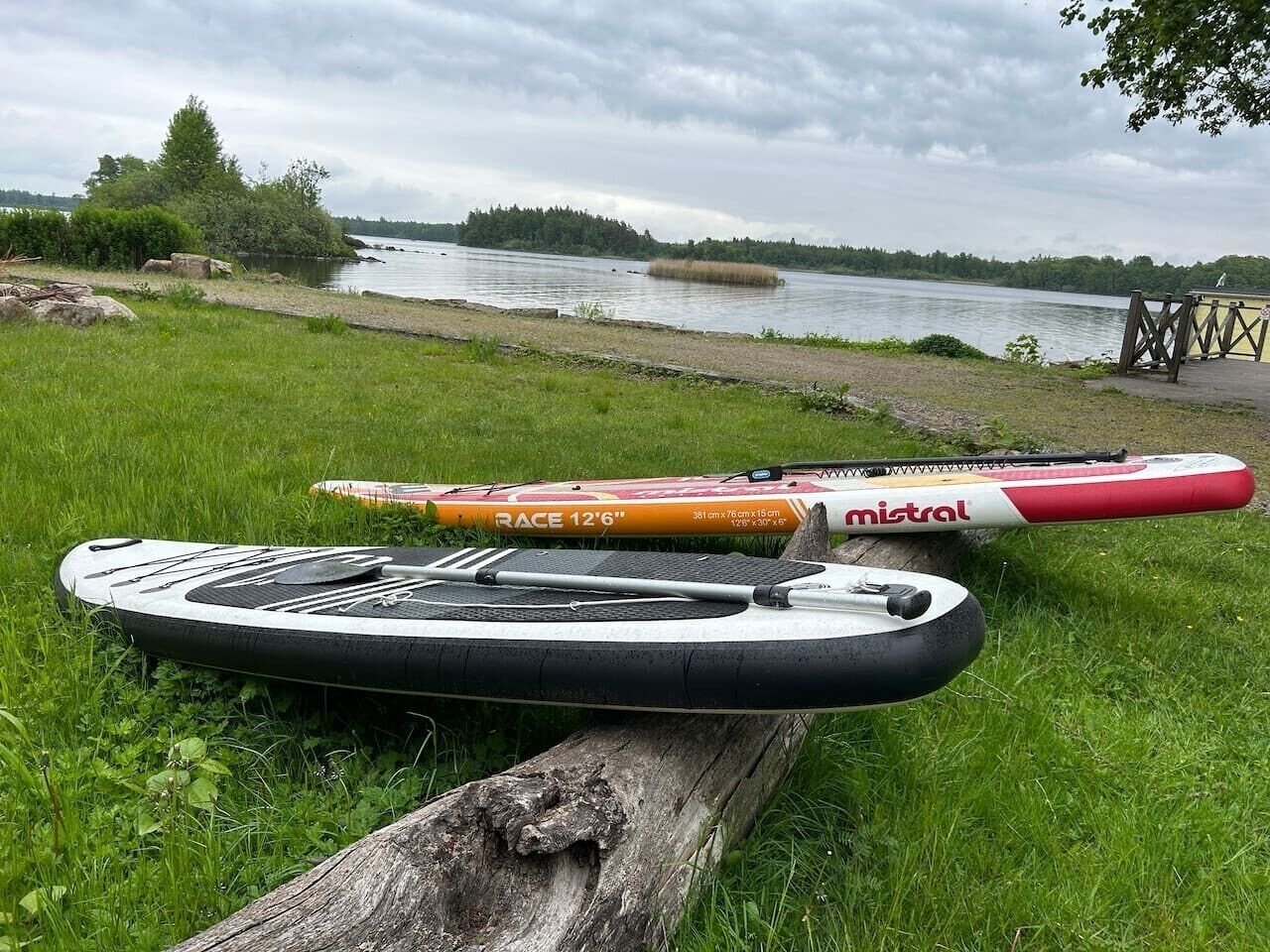 Un kayak et une pagaie sur une rive herbeuse, avec un lac et des arbres en arrière-plan.