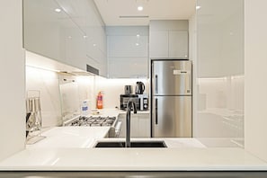 A modern kitchen with stainless steel appliances, a gas stove, and a built-in oven. - Stunning 1BR, 8 Min to Burj Khalifa (Dubai)
