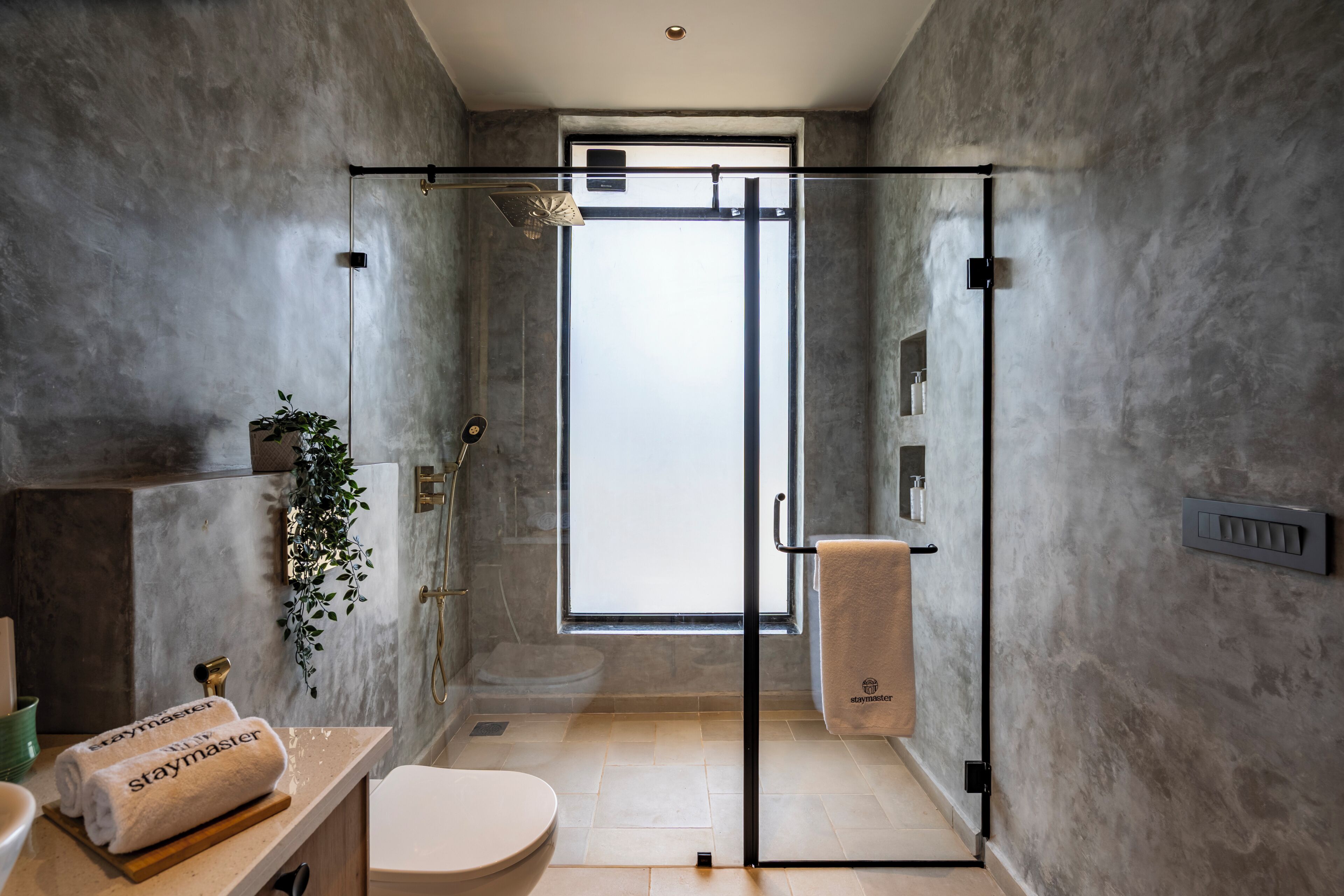 Une salle de bain moderne avec une douche à parois de verre, des toilettes, un lavabo avec une serviette et une plante.
