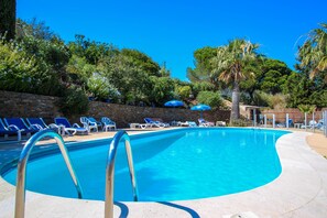 Ein Swimmingpool mit blauem Wasser, umgeben von Liegestühlen und Sonnenschirmen.