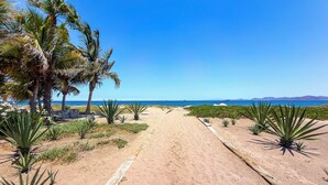 A sandy pathway leading to a beach with palm trees and agave plants. - Paraiso del Mar Casita: Walk to Beach & Pool! (La Paz)