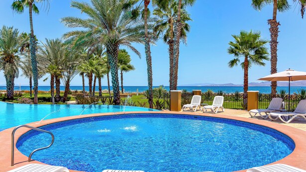 A swimming pool with lounge chairs and palm trees, overlooking a body of water.