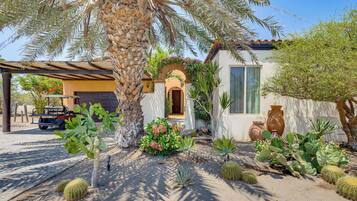A desert-style house with a covered patio, cacti, and a palm tree.