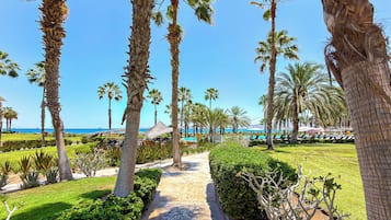 A pathway lined with palm trees leading to a pool area with a view of the sea.