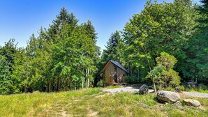 A cabin surrounded by dense forest, with a dirt path leading to it. - Modern PNW Cabin on 10 Wooded Acres (Warren)