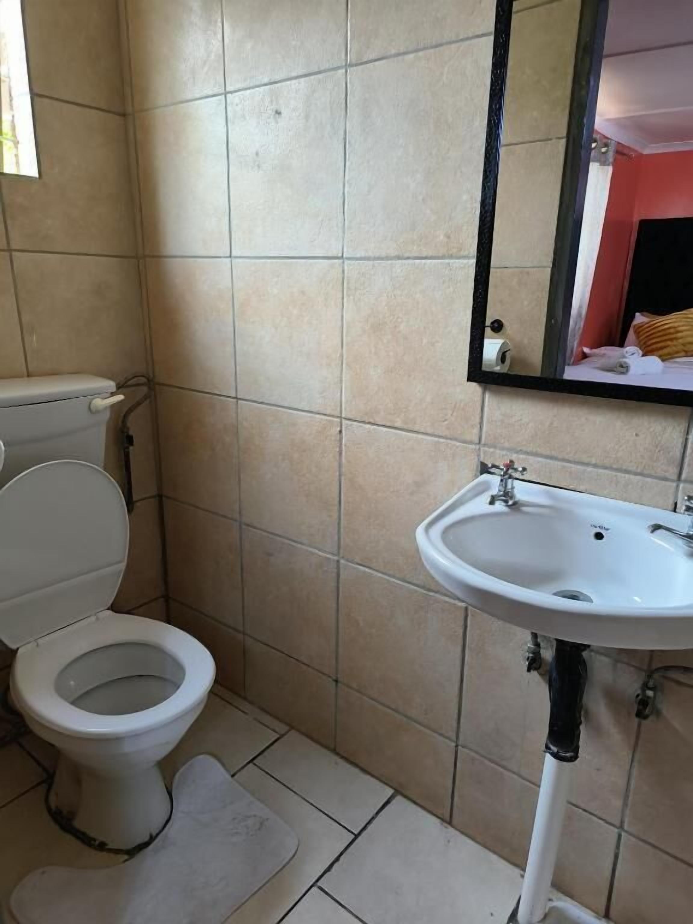 A bathroom with a toilet, sink, and mirror.