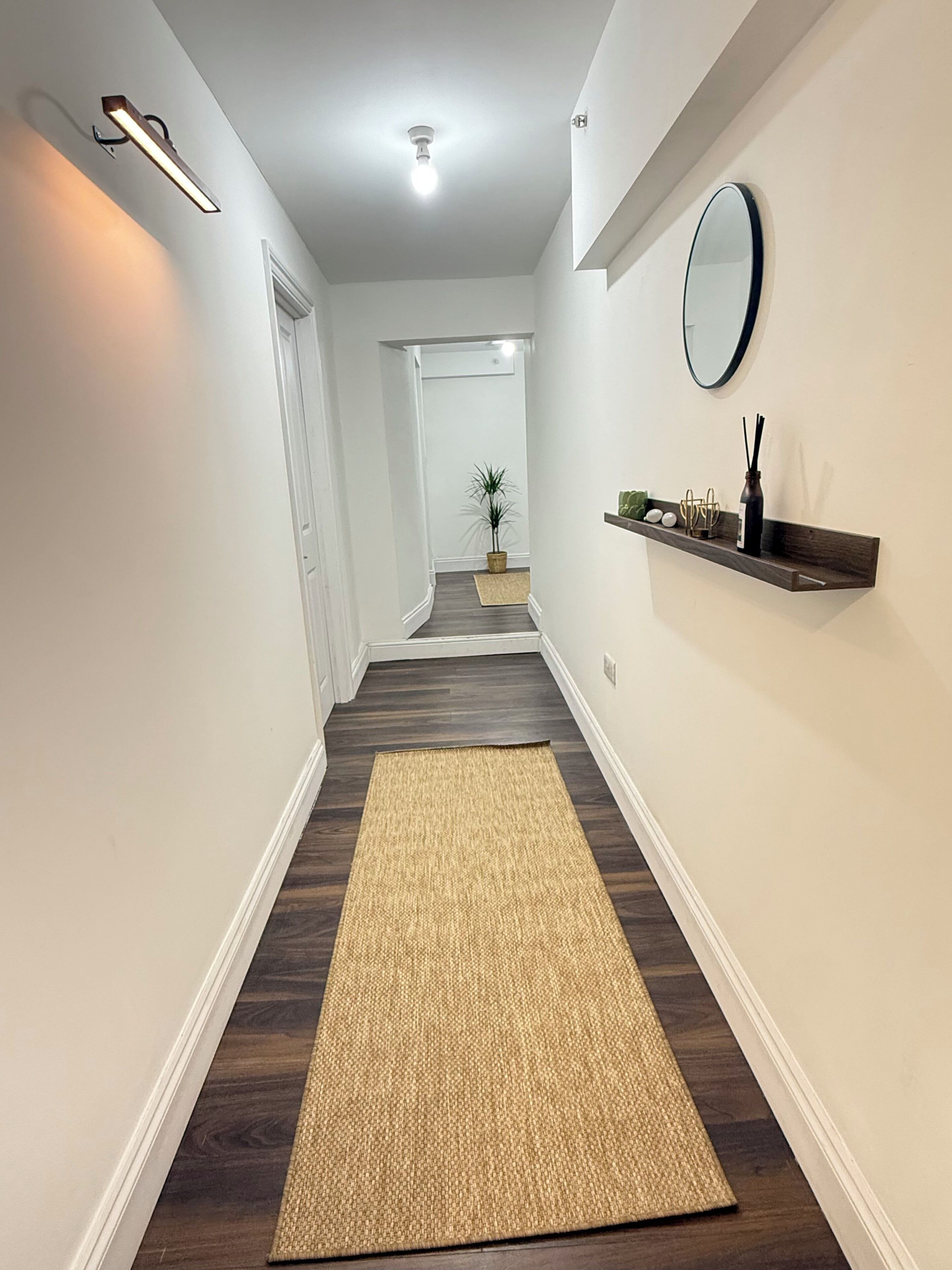 A hallway with a dark wood floor, a beige rug, white walls, a ceiling light, a potted plant, and a wall-mounted mirror.