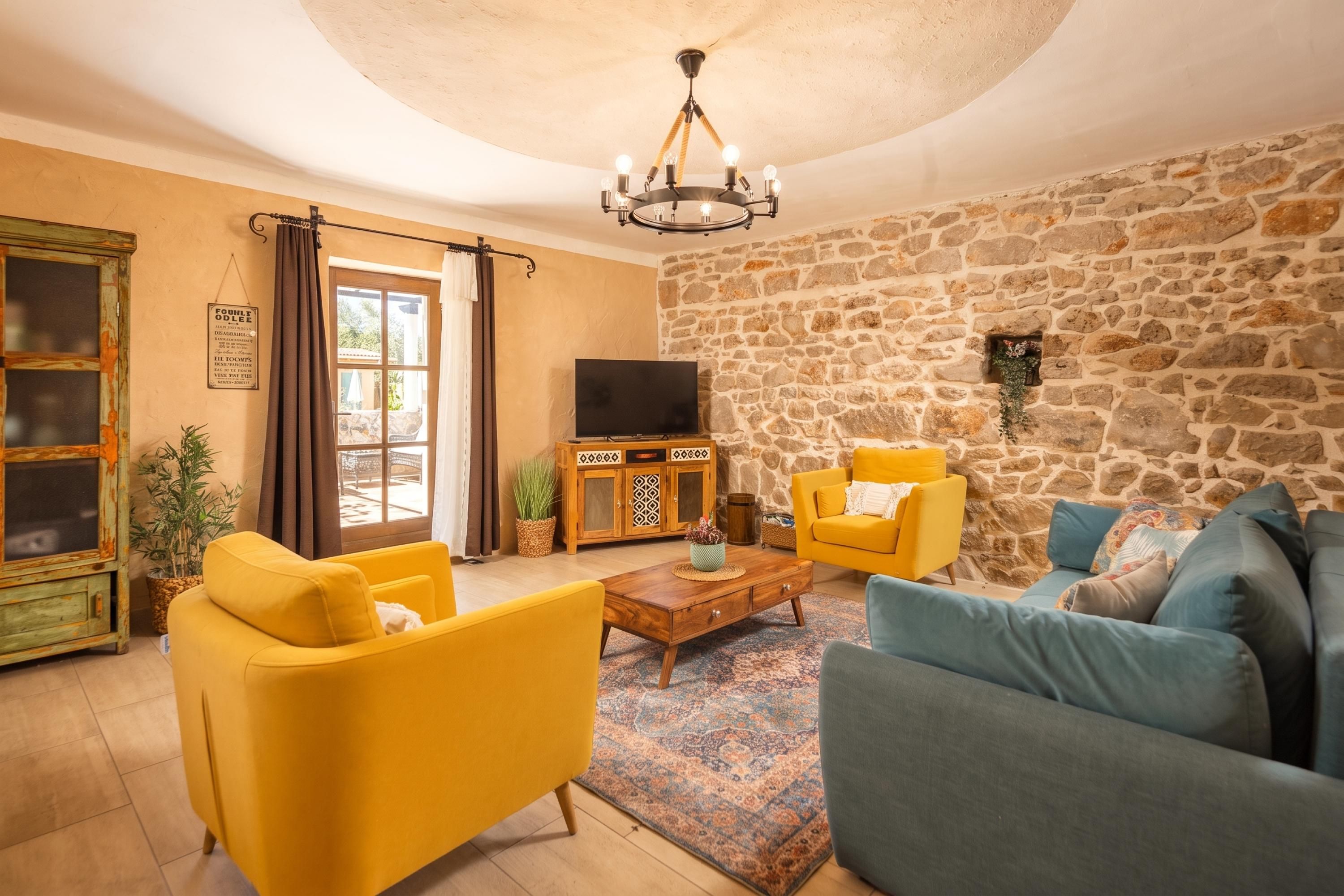 Ein Wohnzimmer mit einer Steinwand, gelben und blauen Sofas, einem Holztisch und einem Fernseher.
