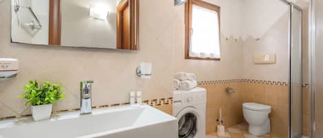 Baño con lavamanos, espejo, lavadora, inodoro y ducha.