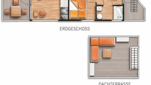 Ein Hotelgrundriss mit Wohnbereich, Essbereich und separatem Lounge-Bereich.