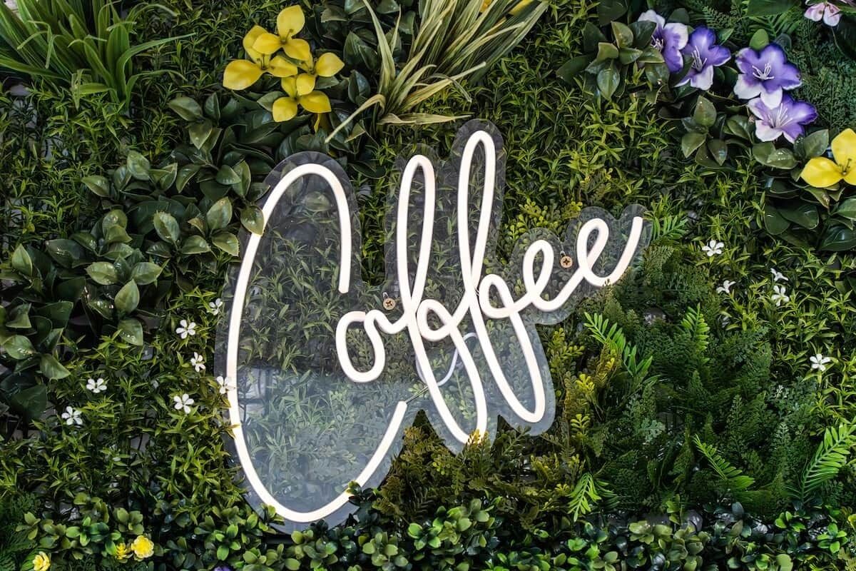 Ein Schild mit dem Wort 'Coffee', umgeben von üppigem Grün und verschiedenen Pflanzen.