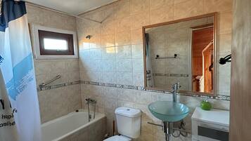 Hair dryer, towels, soap, toilet paper