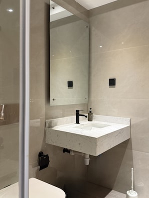 Shower, hair dryer, bidet, towels