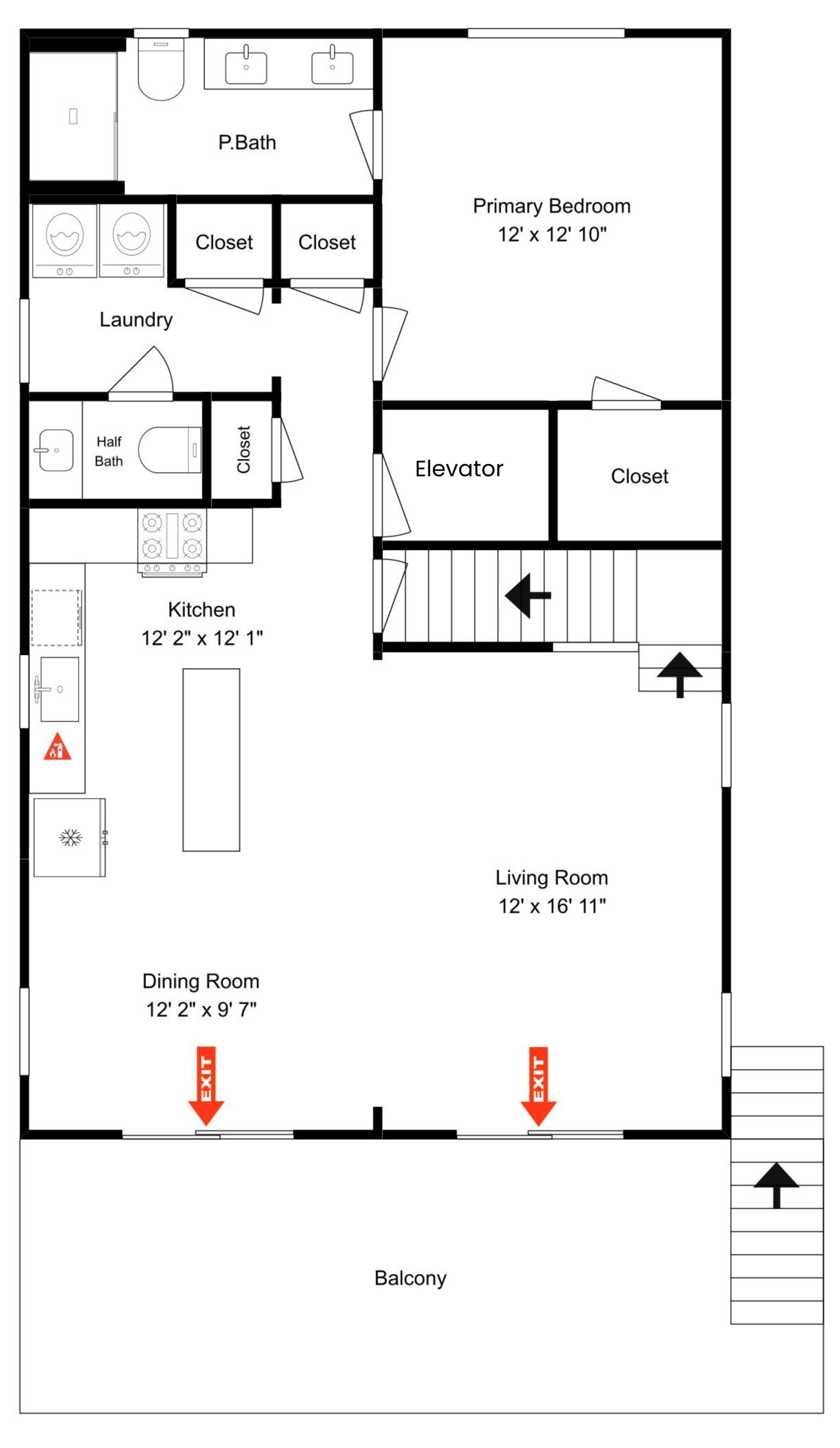 Ein Grundriss mit Hauptschlafzimmer, Wohnzimmer, Esszimmer, Küche, Waschküche und einem Balkon.