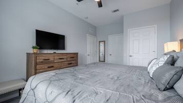 A bedroom with a bed, a TV on a dresser, a ceiling fan, and two doors.