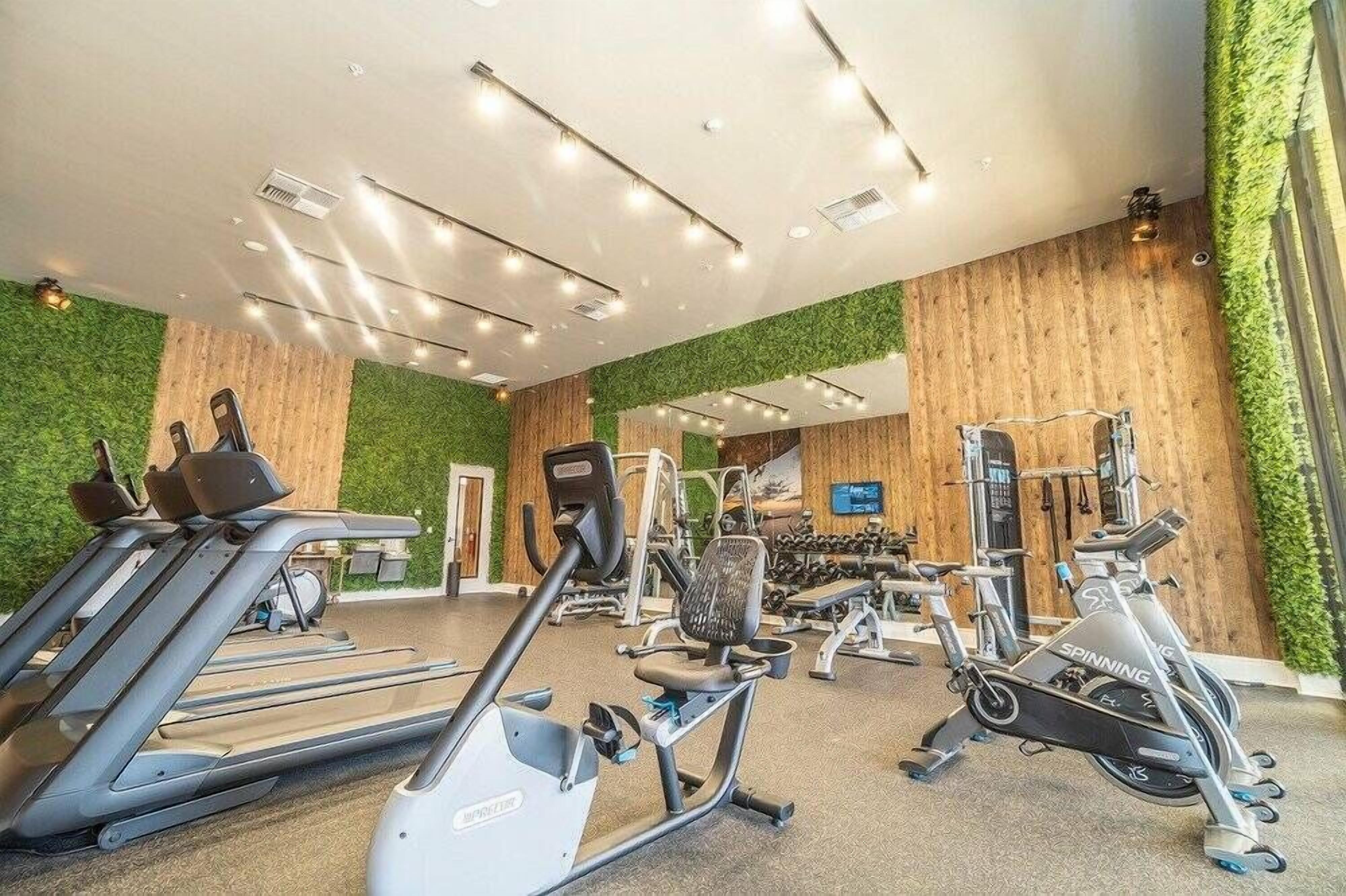 A gym with treadmills, stationary bikes, and weight machines.