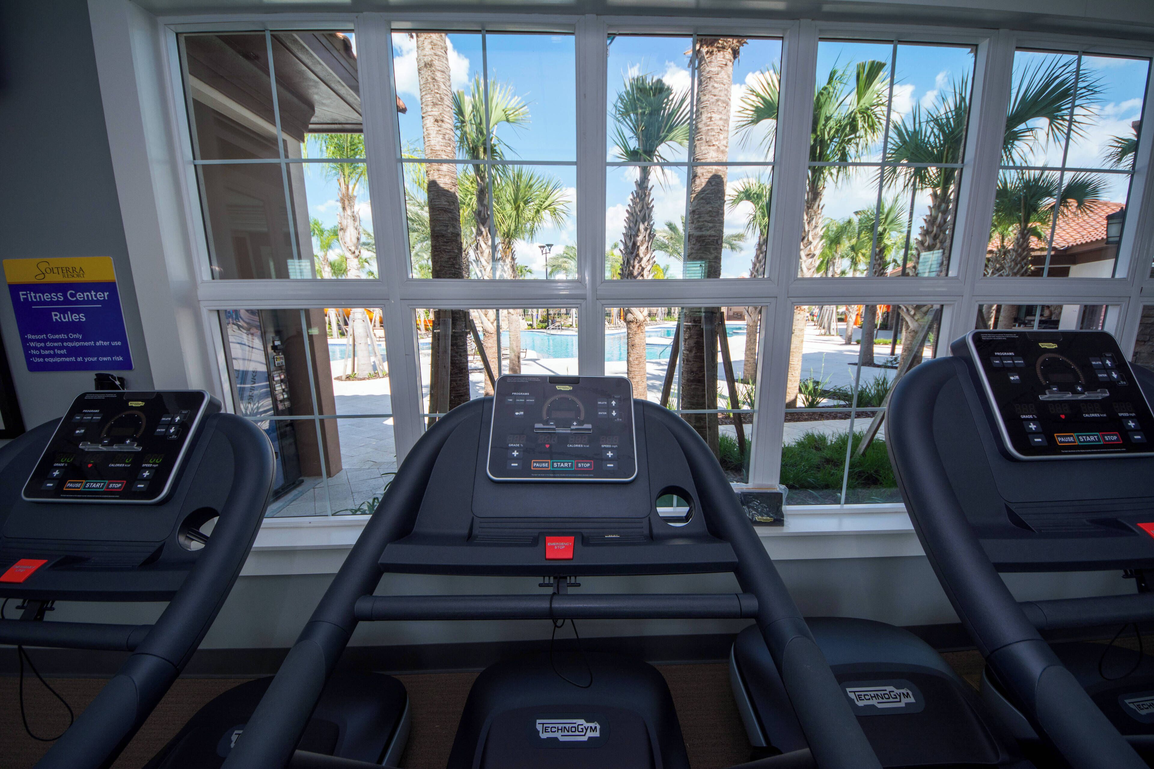 Three treadmills in a room with large windows overlooking palm trees and a pool.