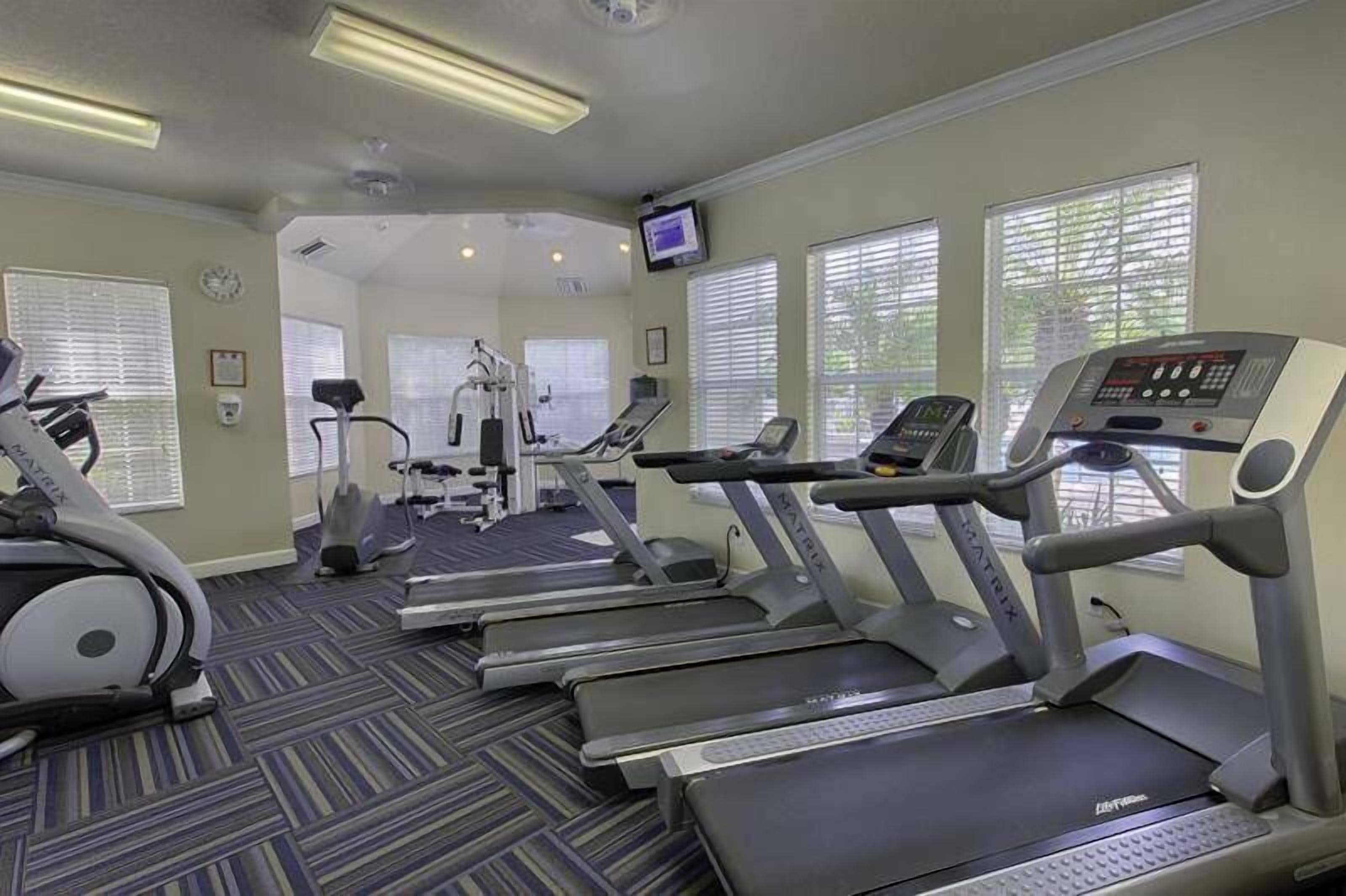 A gym with treadmills, elliptical machines, and a stationary bike.