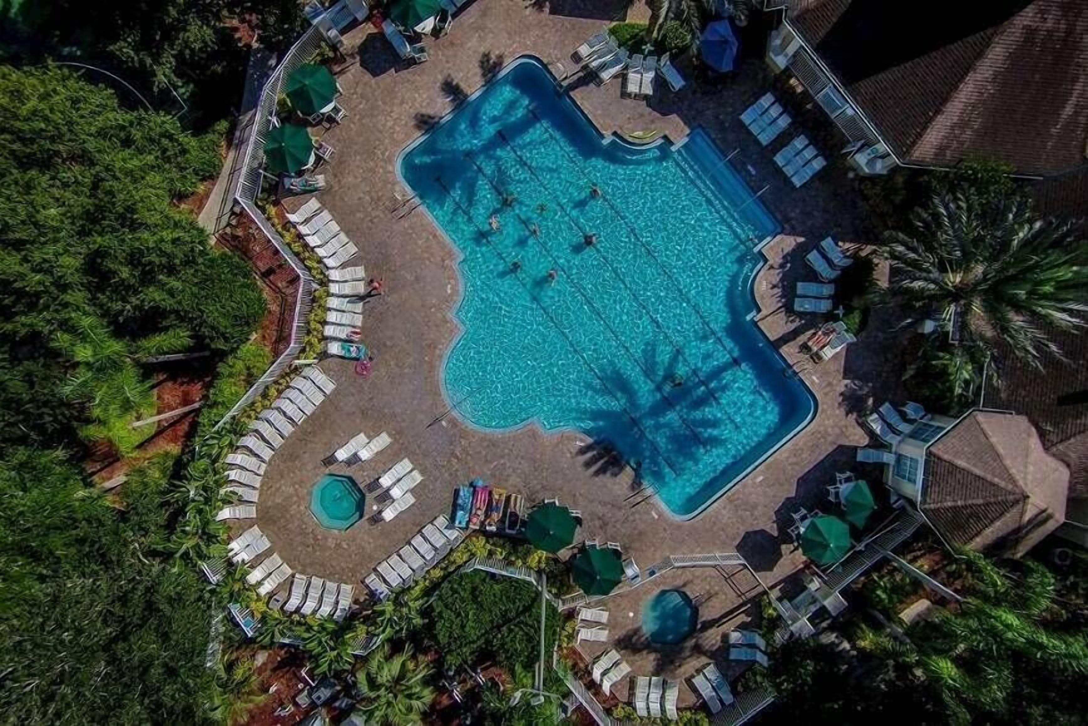 An aerial view of a resort with a large rectangular swimming pool surrounded by lounge chairs and umbrellas.